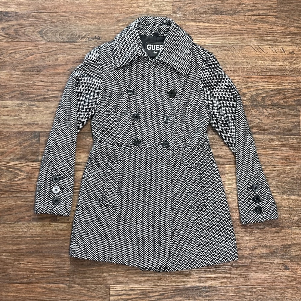 Vintage Guess Herringbone Wool Blend Peacoat Black and White Size Small